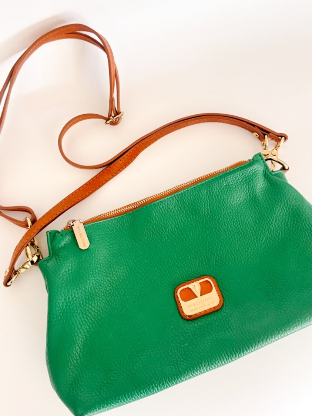 Valentina Genuine Leather Green Crossbody Bag Colorblock Tan Strap